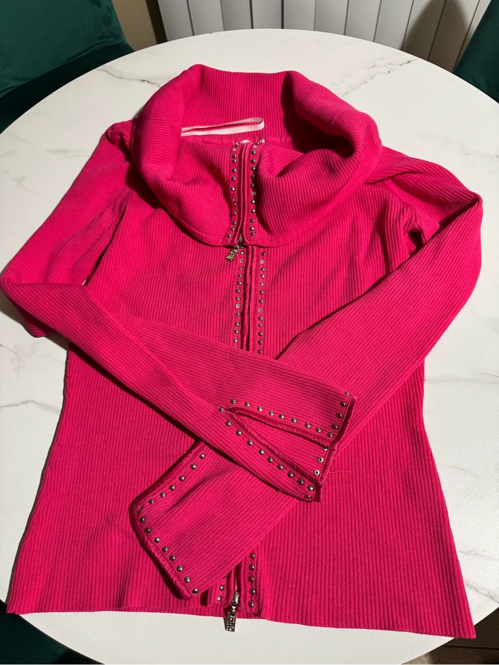 Vintage Y2K Caché Pink Gabrielle Solis Rhinestone Off Shoulder Zip Up Sweater L - Picture 5 of 7